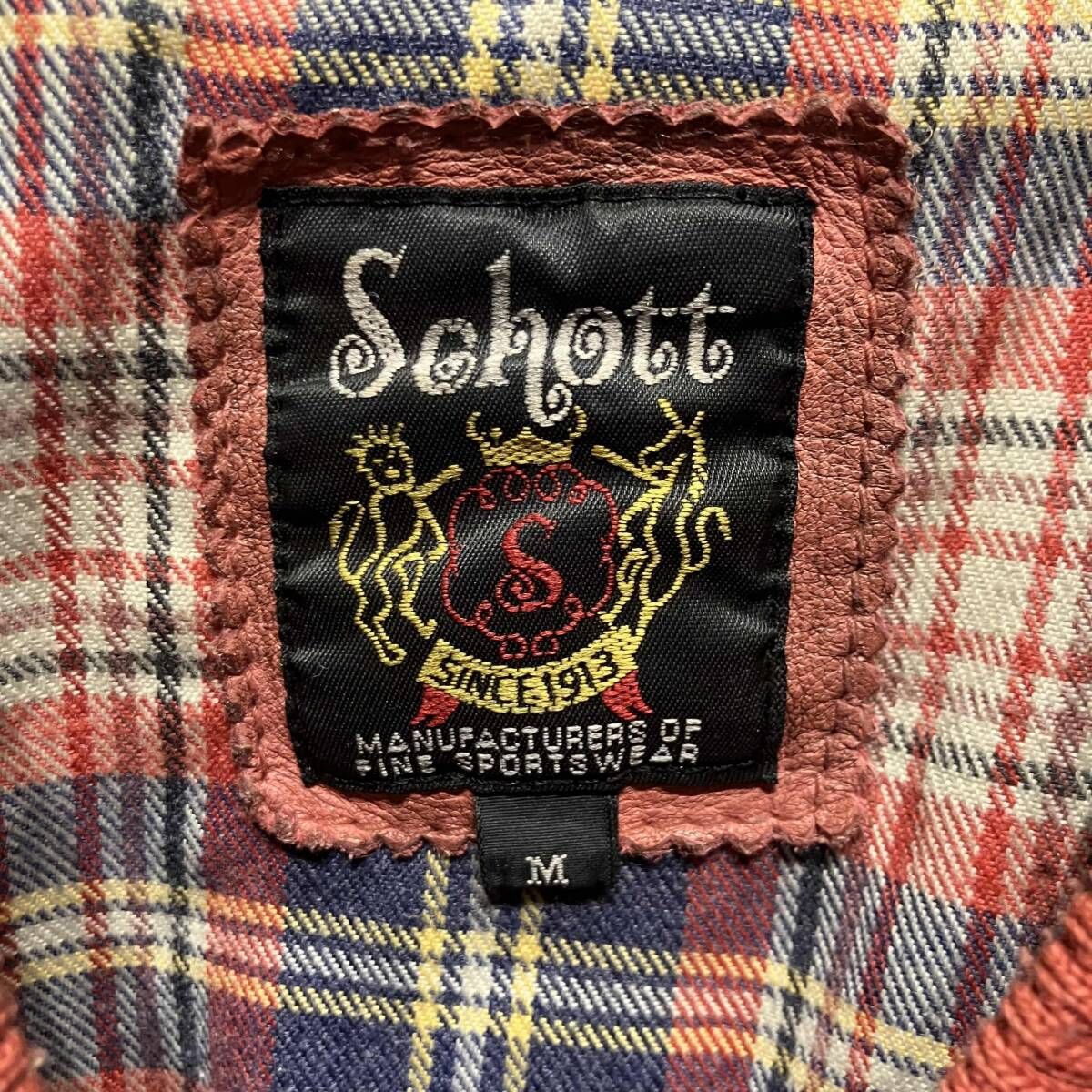 Schott シングル ライダースジャケット ビンテージ加工 裏地チェック