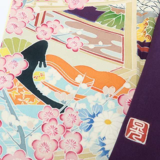 ✾まめ藤✾ 正絹 着物 作家物落款 比翼仕立て 牡丹や梅 緑の黒髪美人の美の饗宴 色留袖 U-95