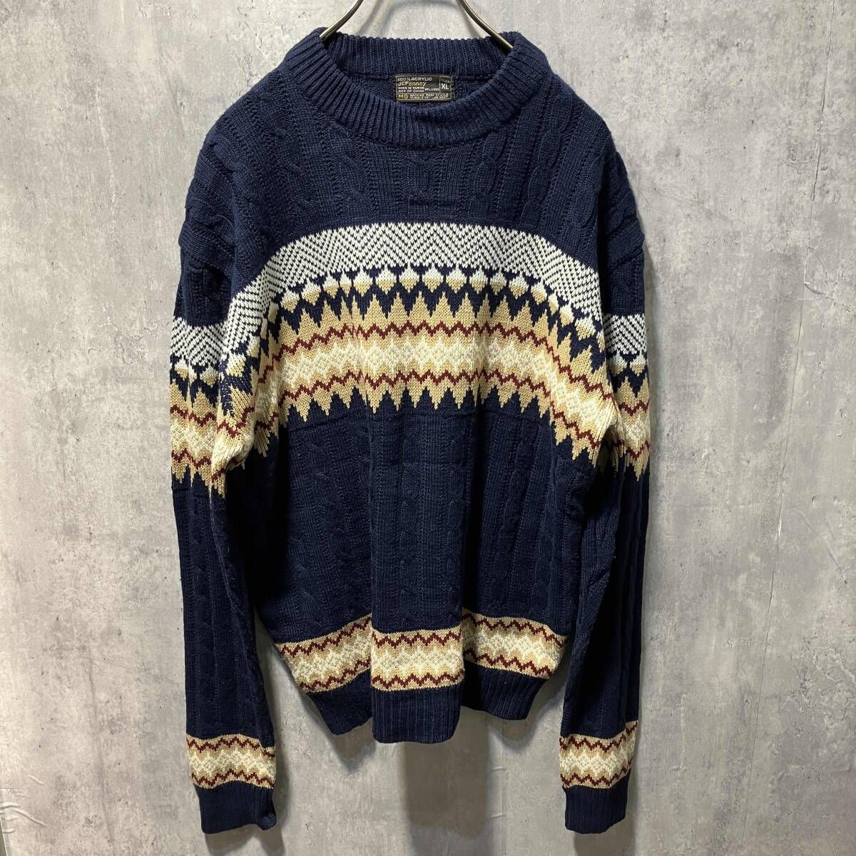 70-80s JCPENNEY ニット アクリルニット XLサイズ ネイビー ジェーシーペニー