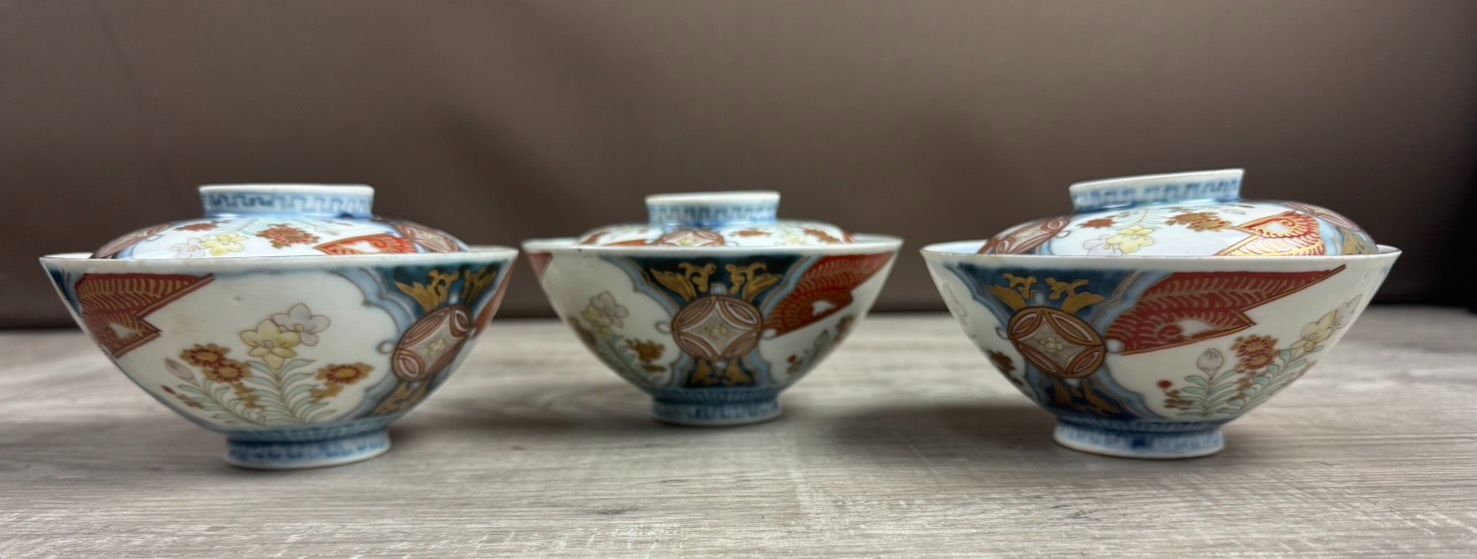 伊万里 錦手茶漬茶碗 蓋茶碗 3客セット 蓋椀 アンティーク 和食器 飯