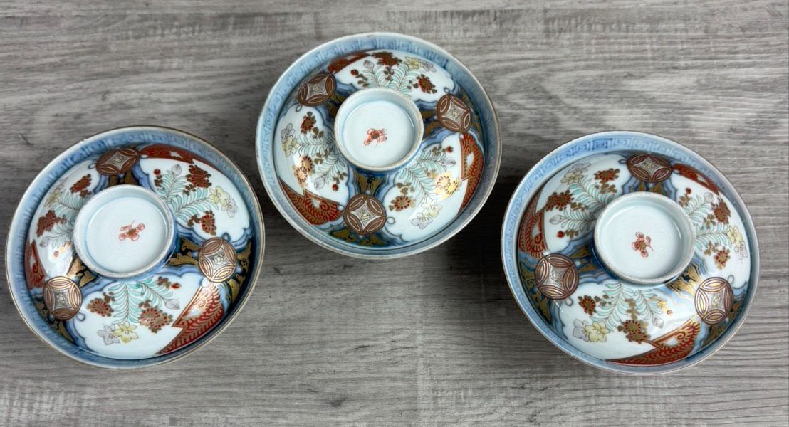 伊万里 錦手茶漬茶碗 蓋茶碗 3客セット 蓋椀 アンティーク 和食器 飯