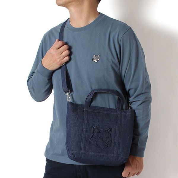25 AWモデル メゾン キツネ MAISON KITSUNE メンズ フォックス ヘッド スモールトート P 470 INDIGO 2025-26 AW m-bag