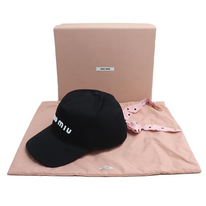 【美品】miu miu　 バックリボンキャップ ブラック サイズ：M MIUMIU ミュウミュウ ドット柄 リボン付き キャップ キャップ ブラック