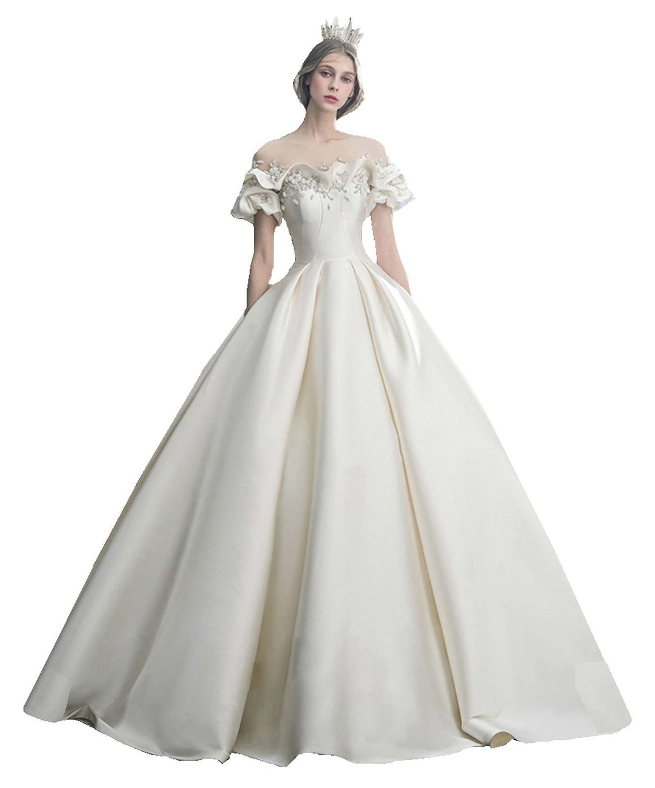 豊作 ウエディングドレス イリュージョンネック ベルスリーブ サテン エレガンス 上 プリンセス 編み上げタイプ Aライン 演奏会 発表会 主役 ゴージャス 二次会 M