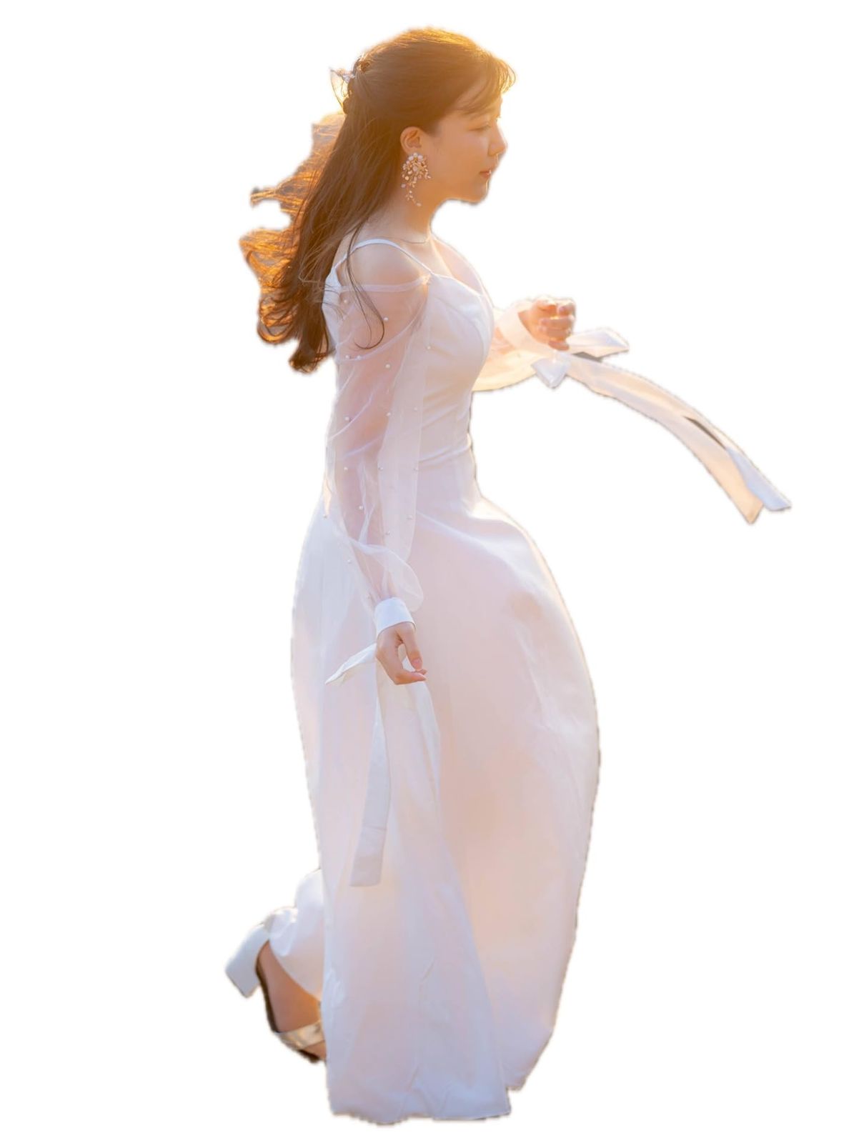 EightSTAR Dress 前撮り ウエディング ウエディングドレス ナチュラル ウェディング 袖あり 二次会 シンプル結婚式 花嫁 主役 ロング丈 M