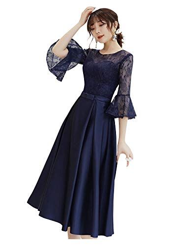 EightSTAR Dress 結婚式ドレス ワンピース 袖あり 袖コンシャス Aライン フ ミモレ丈 ひざ丈 二次会 謝恩会 披露宴 レース オーガンジー ネイビー M