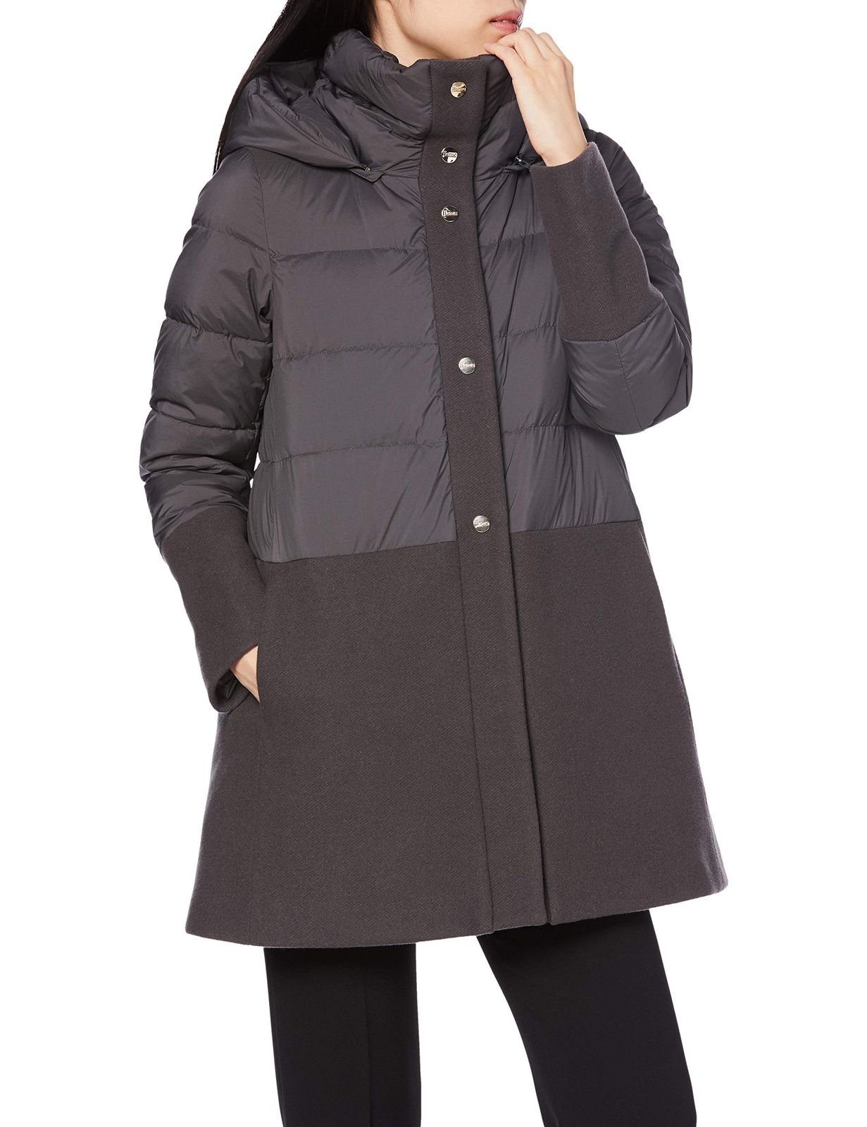 ヘルノ ウールメルトン×軽量ナイロン ツヤ無し 取り外し フード付 新型ハイブリッドダウンコート MAINライン PI 1199 D 9450 D.GREY レディース ダークグレー EU 42 日本サイズ9 号相当