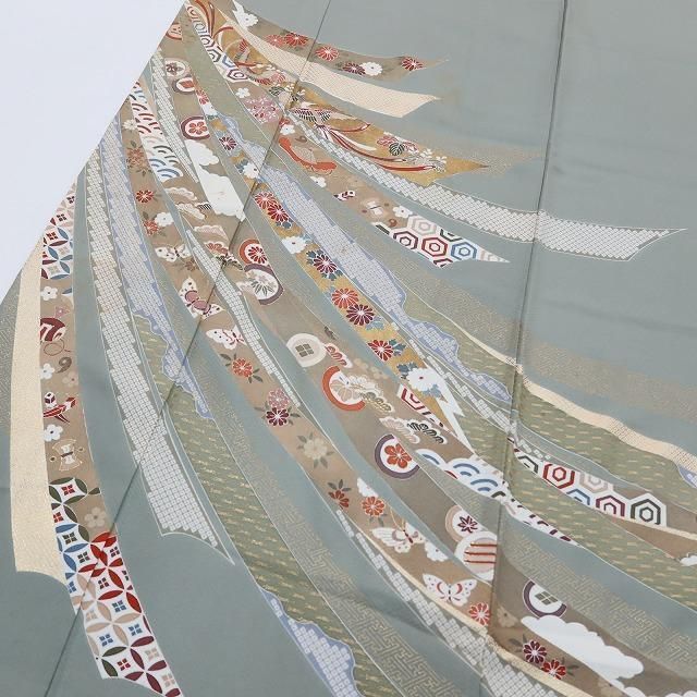  ✾まめ藤✾正絹 着物 作家物落款 松や桜 蝶や鳳凰 宝尽くしを届ける熨斗目たち 色留袖 U 33 色留袖 着物