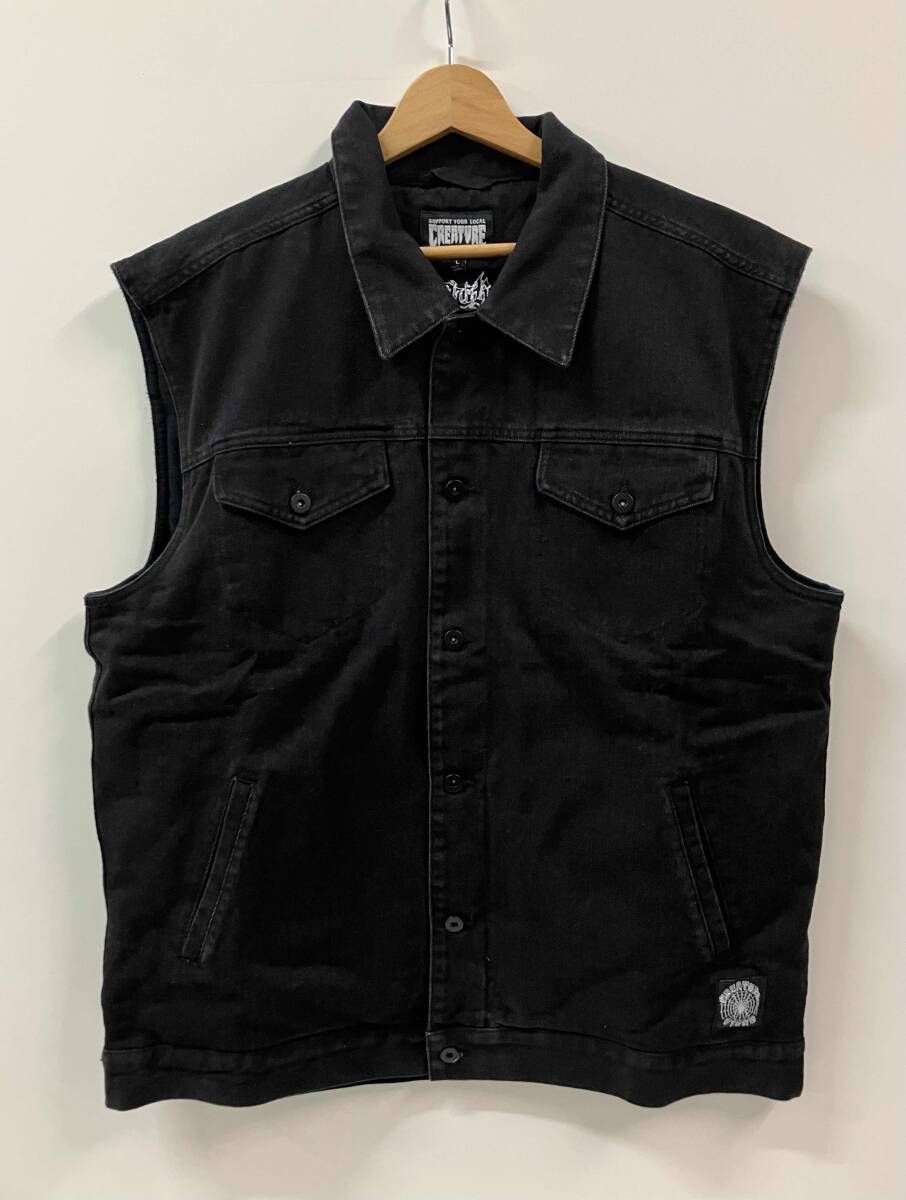 CREATURE クリーチャー ベスト デニム 裏起毛 ブラック サイズL 中国製 コットン ポリエステル