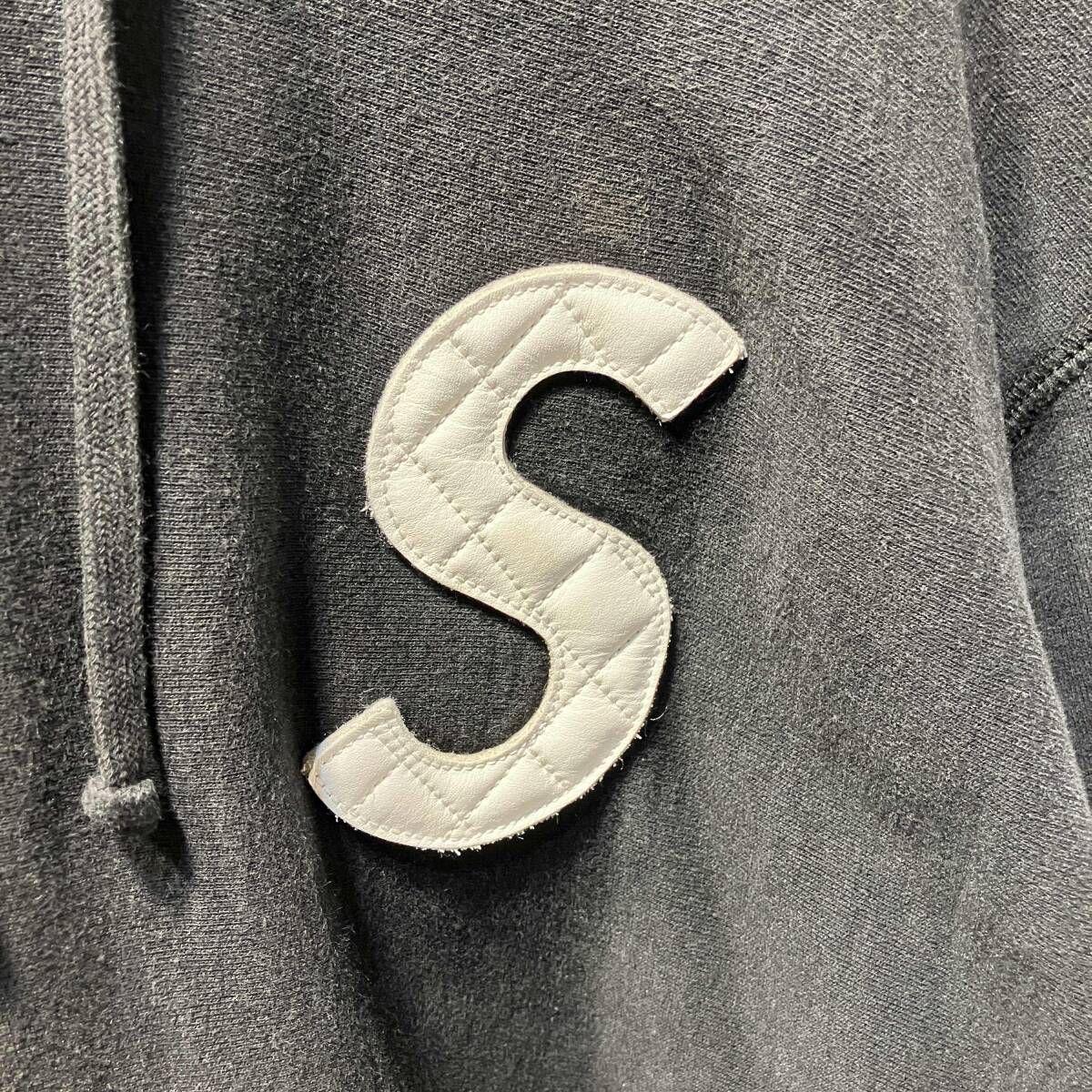 Supreme パーカーキルトレザーSロゴフーディー Lサイズ ブラック