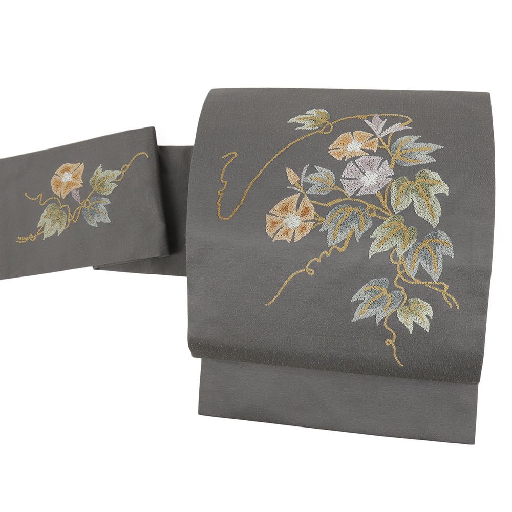 名古屋帯 紬 相良刺繍 グレー 正絹 中古 花 朝顔 手刺繍 帯 リサイクル