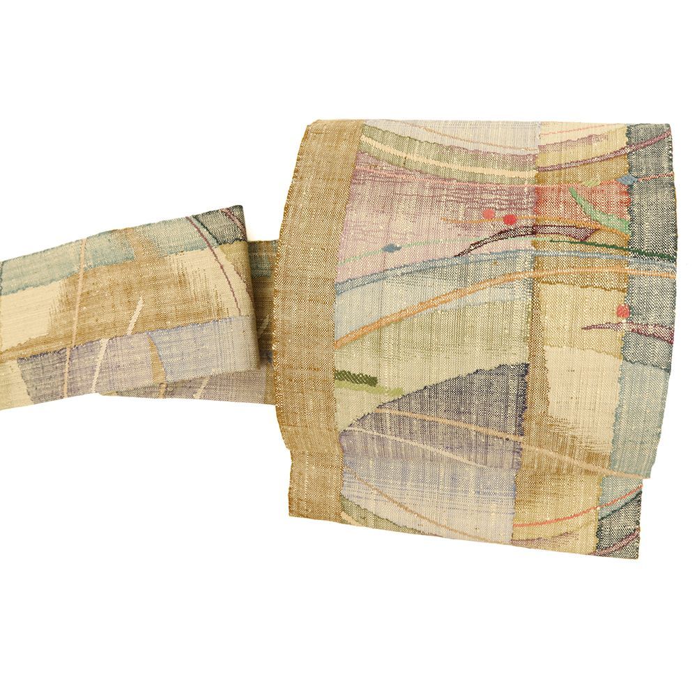 名古屋帯 渡文 正絹 真綿紬 クリーム色 黄色 茶 緑 赤 幾何学 仕立て