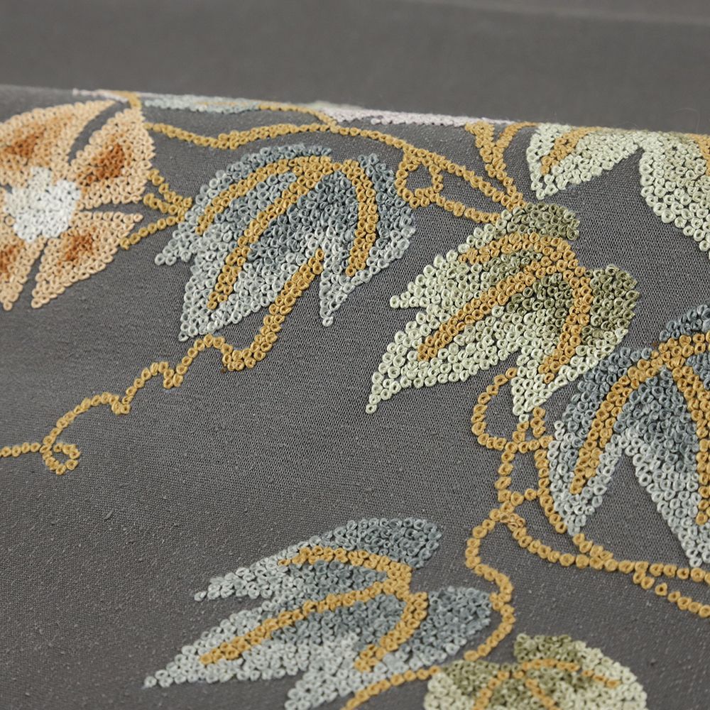 名古屋帯 紬 相良刺繍 グレー 正絹 中古 花 朝顔 手刺繍 帯 リサイクル
