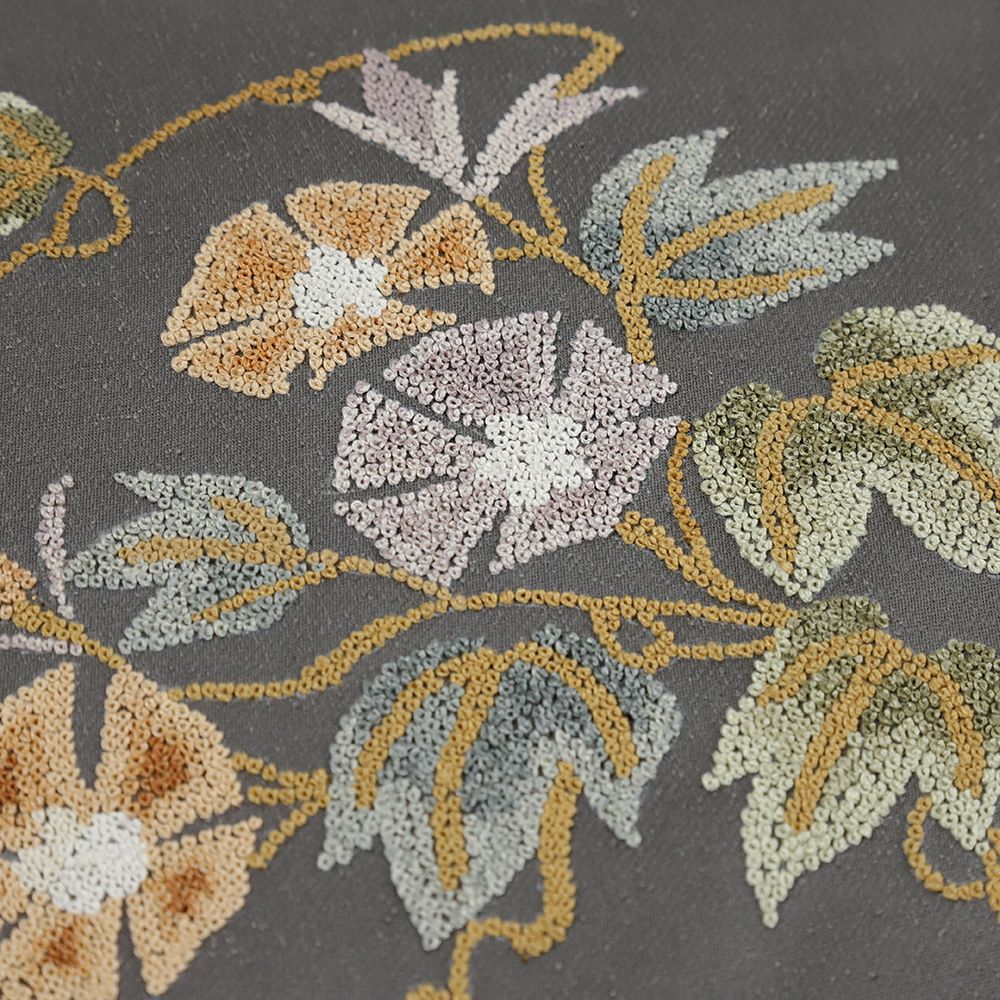 名古屋帯 紬 相良刺繍 グレー 正絹 中古 花 朝顔 手刺繍 帯 リサイクル