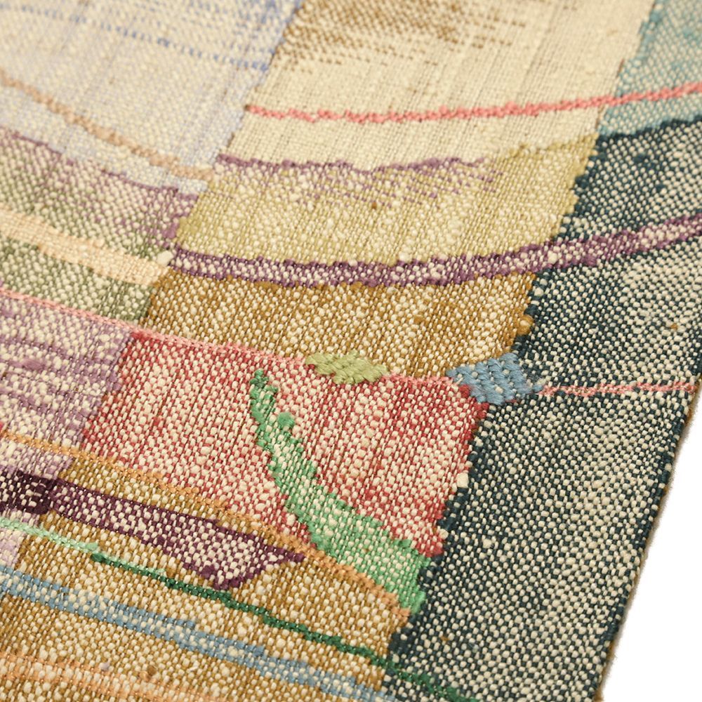 名古屋帯 渡文 正絹 真綿紬 クリーム色 黄色 茶 緑 赤 幾何学 仕立て