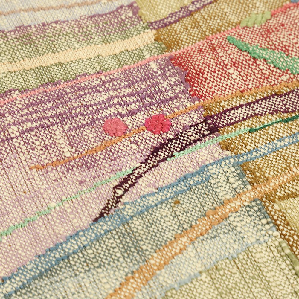 名古屋帯 渡文 正絹 真綿紬 クリーム色 黄色 茶 緑 赤 幾何学 仕立て