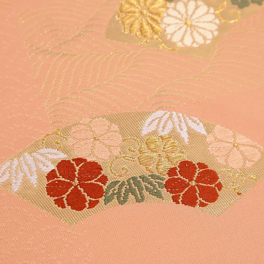 名古屋帯 正絹 ピンクベージュ コーラルピンク 金 花 地紙 菊 桜 青海