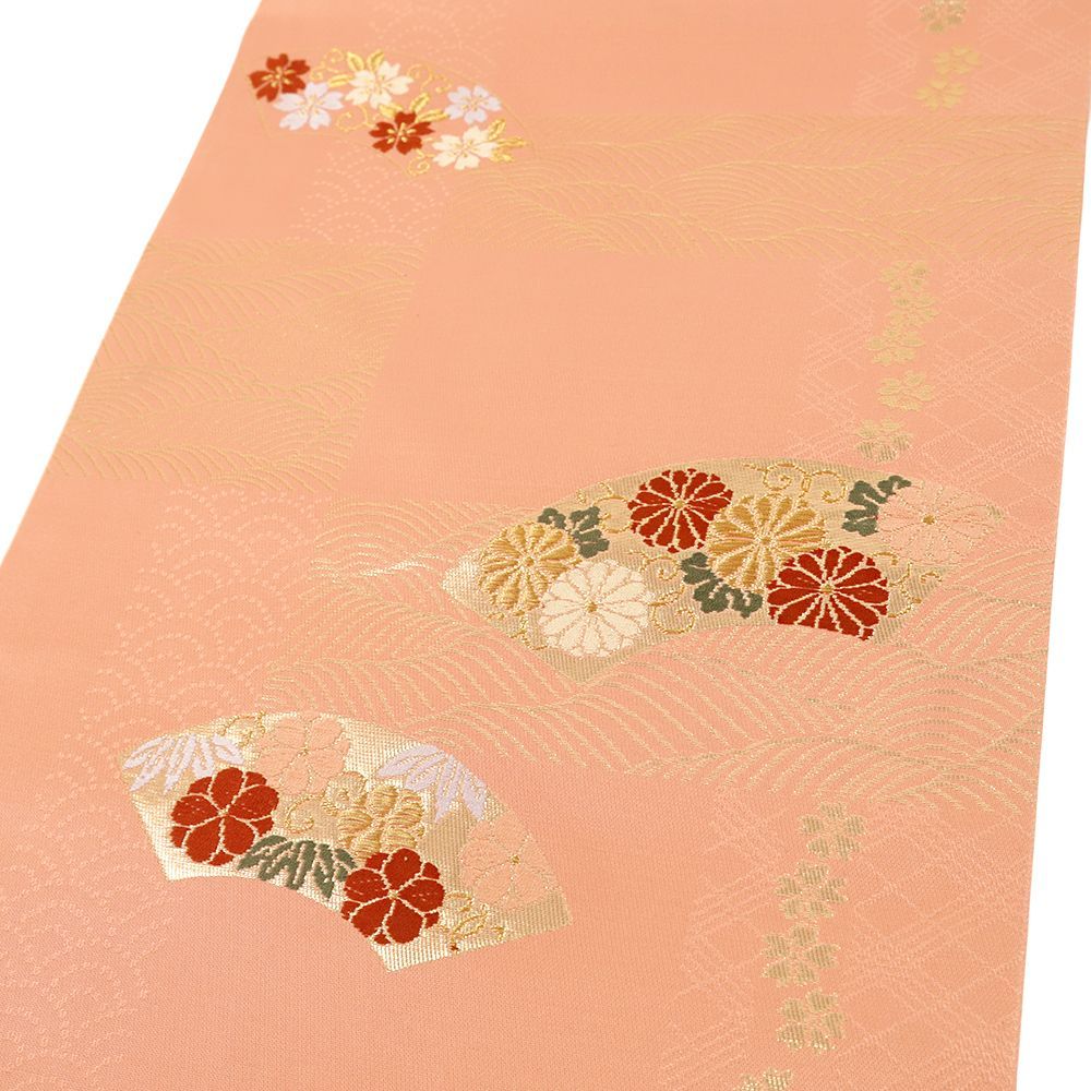 名古屋帯 正絹 ピンクベージュ コーラルピンク 金 花 地紙 菊 桜 青海