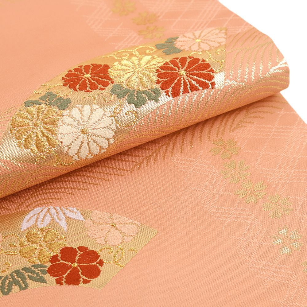 名古屋帯 正絹 ピンクベージュ コーラルピンク 金 花 地紙 菊 桜 青海