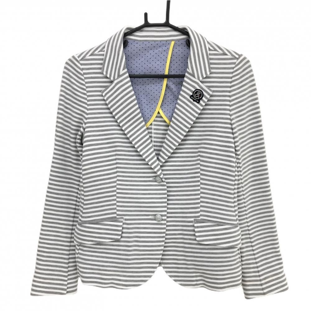 超 アンパスィ テーラードジャケット 白×グレー ボーダー 襟ワッペン コットン100％ レディース M ゴルフウェア and per se