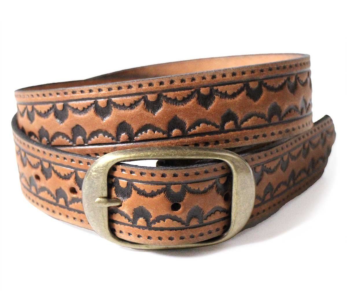 LEATHER WORKS スカラップパターン 型押し レザーベルト ブラウン 34 本革 茶 カービング ウェーブ トライバル