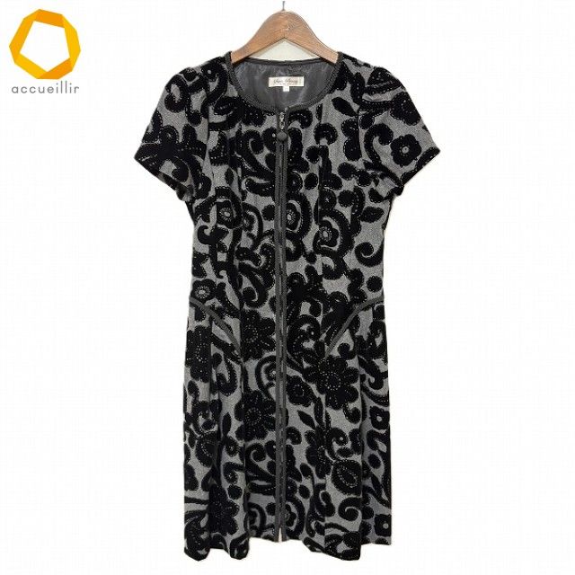 anc スーパービューティー Super Beauty ワンピース 40 グレー 黒 フロッキー 花柄 レース 半袖 フロントジップ レディース 974928