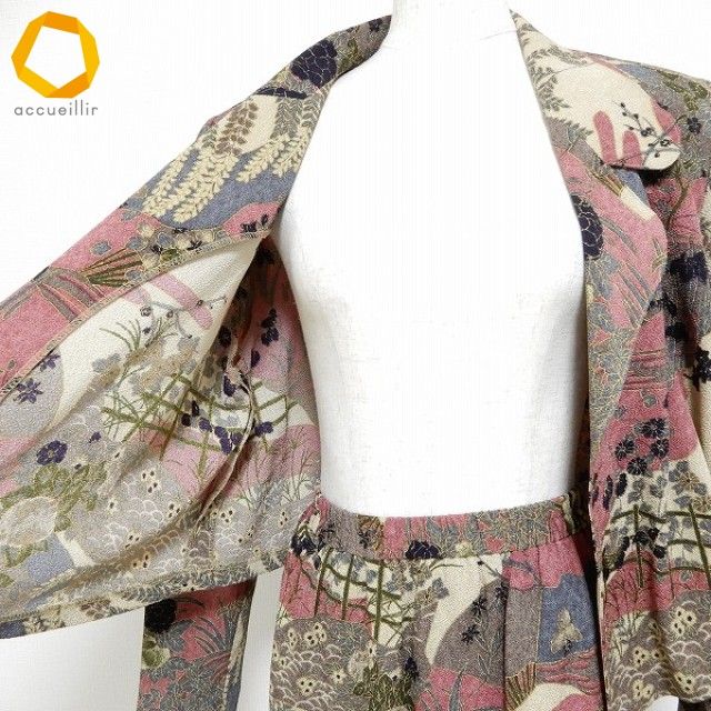 美品★詩仙堂ちりめん 3点セットアップ　ジャケット／ブラウス／スカート　ベージュ anc シセンドウ 詩仙堂 セットアップ ツーピース ジャケット タイト