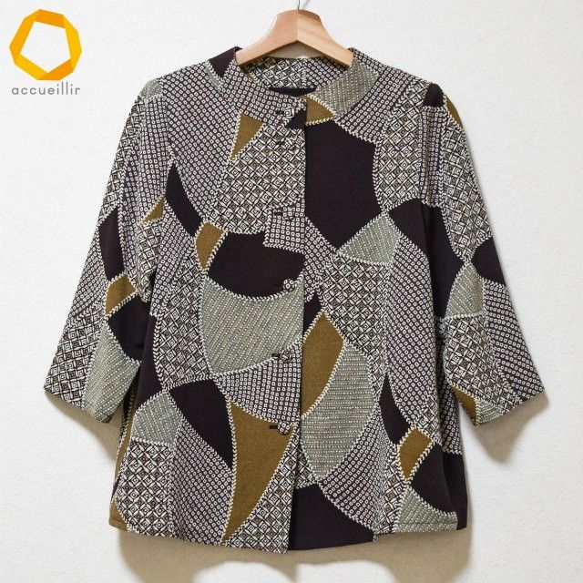 anc シセンドウ 詩仙堂 シャツ ブラウス 紫系 ベージュ 緑 ちりめん 鹿の子柄 和柄 レディース 975154