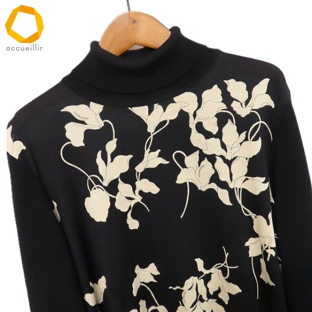 LEONARD 花柄 タートルネックセーター M wnc レオナール LEONARD ニット・セーター LL 黒 ベージュ