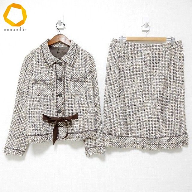 anc レリアン Leilian スカートスーツ セットアップ ツーピース 13 白 ベージュ ツイード フリンジ 大きいサイズ レディース 977045