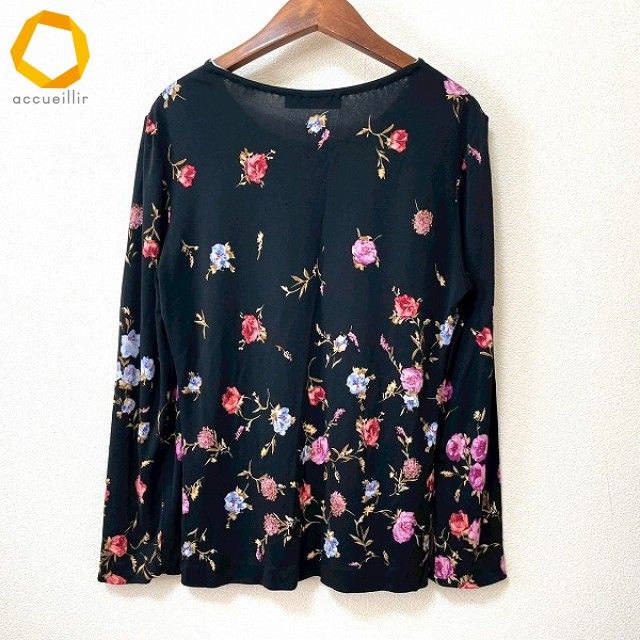 anc レオナール LEONARD カットソー 44 黒 マルチ 長袖 シルク 花柄