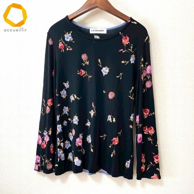 即購入可 ⭐︎ レオナール　leonard カットソー　花柄　44 anc レオナール LEONARD カットソー 44 黒 マルチ 長袖 シルク 花柄