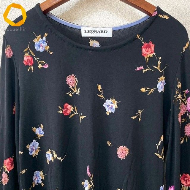 anc レオナール LEONARD カットソー 44 黒 マルチ 長袖 シルク 花柄