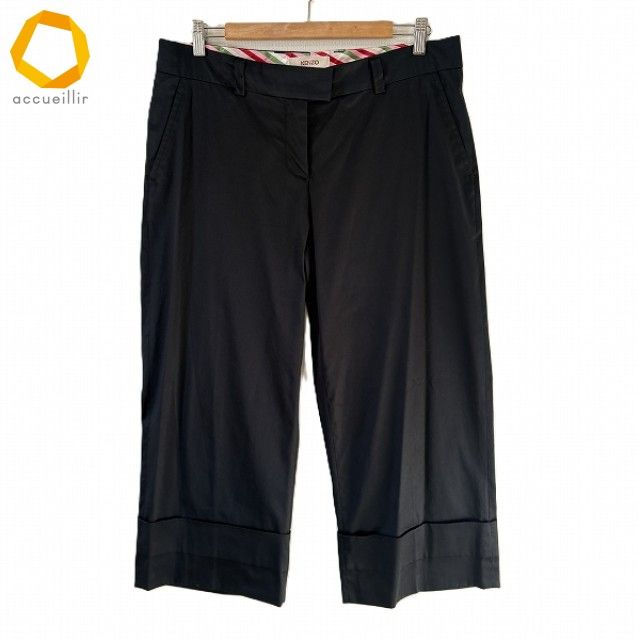 anc ケンゾー KENZO パンツ 42 黒 ワイド 折り返しデザイン クロップド 無地 レディース 969981