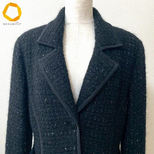 美品　LEONARD レオナール 最高級ツイード　ニット　ジャケット wnc レオナール LEONARD ジャケット L 黒系 ニット ツイード シルバー