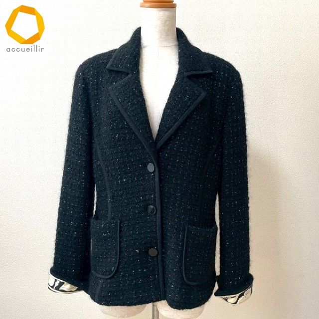 美品　LEONARD レオナール 最高級ツイード　ニット　ジャケット wnc レオナール LEONARD ジャケット L 黒系 ニット ツイード シルバー