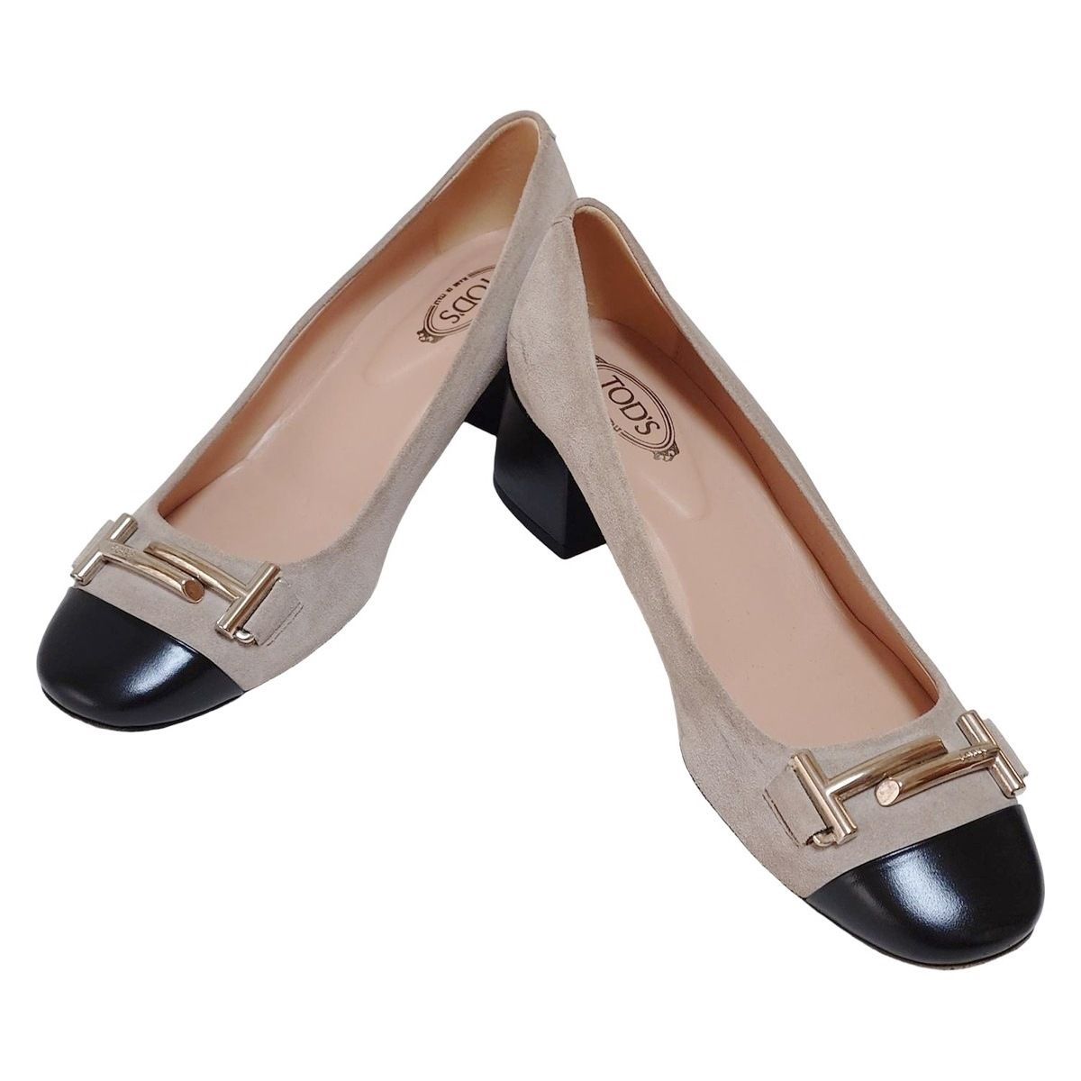 TOD S トッズ パンプス 36 レディース - グレーベージュ×黒 レザー