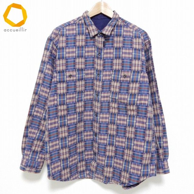 anc パパス Papas 長袖シャツ M 紺系 マルチ パッチワーク チェック 厚手 メンズ 959551