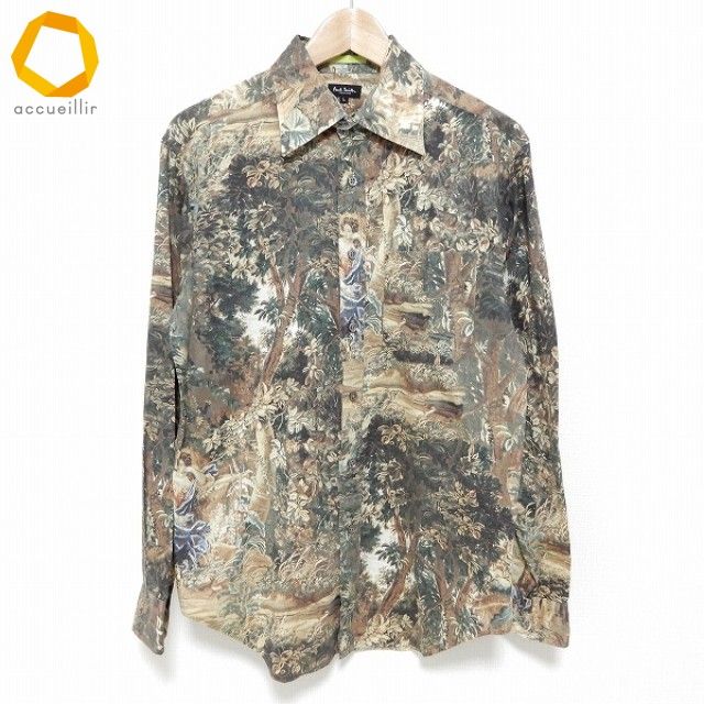 anc ポールスミス PaulSmith 長袖シャツ L 茶系 マルチ ボタニカル柄 絵画風 人物 森林 メンズ 974657