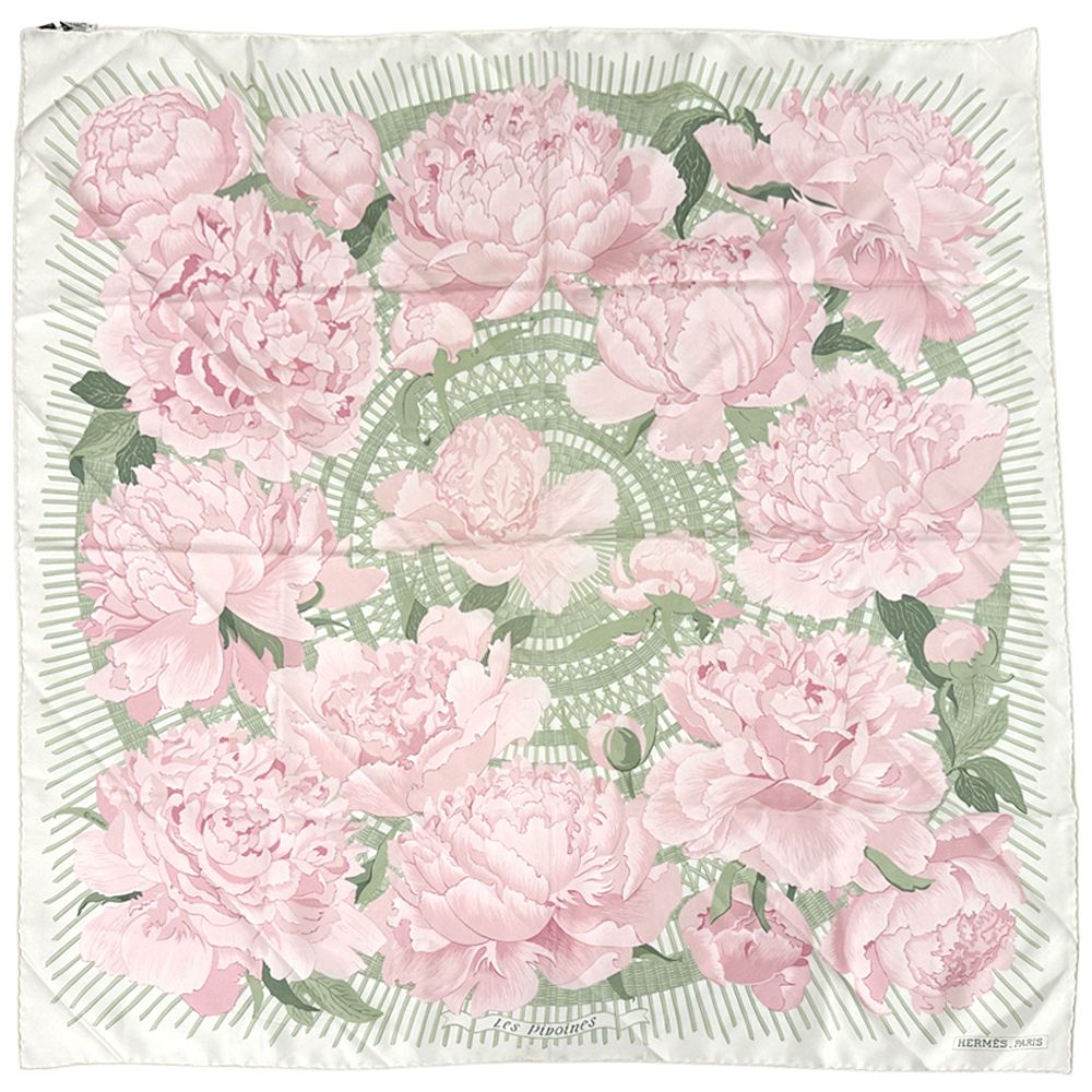 エルメス HERMES スカーフ カレ90 Les Pivoines 芍薬 レディース ブランド シルク ホワイト ピンク マルチ ピンク系 ホワイト系 花柄 大判