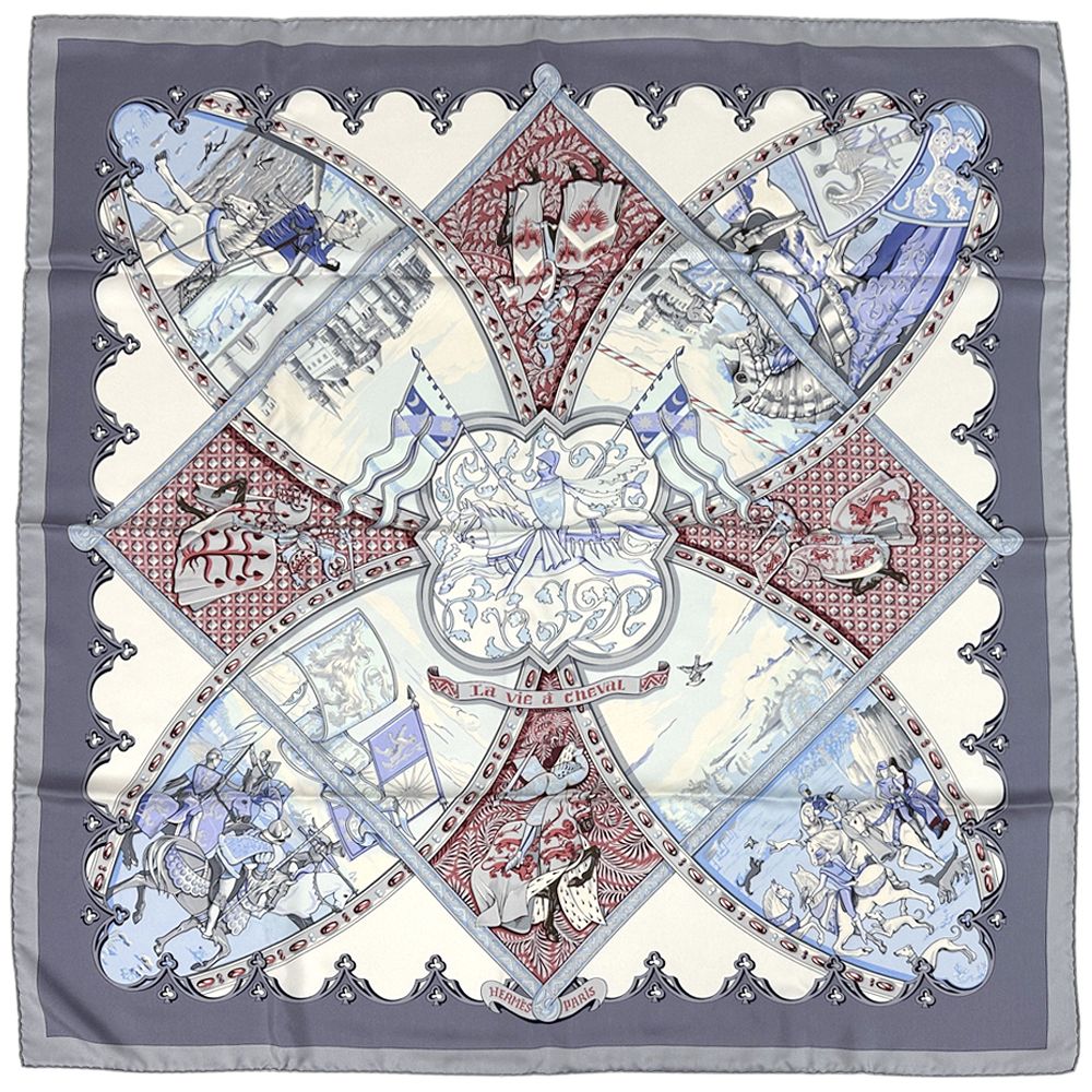 エルメス HERMES スカーフ カレ90 La vie a cheval 馬のいる情景 レディース ブランド シルク グレー ブルー マルチ ホース 大判