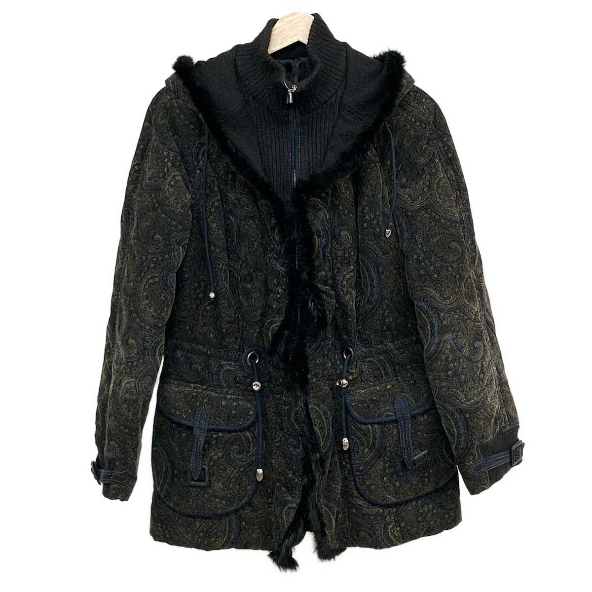 イタリヤ コート サイズ9 M レディース パープル ダークネイビー マルチ 長袖 ペイズリー柄 ジップアップ 中綿 冬