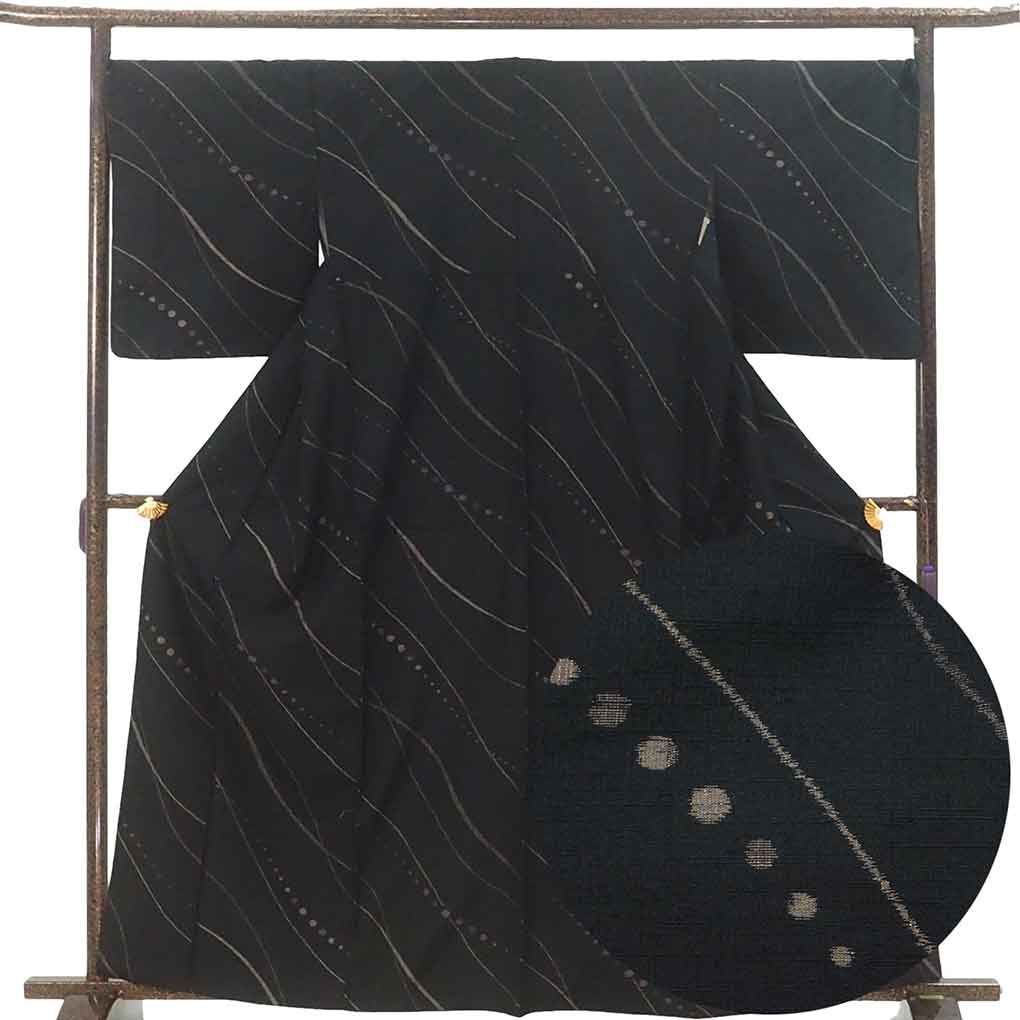 紬 身丈163 cm 裄70 前幅26 後幅31 袖丈52 袖幅35 レディース 袷 抽象柄 裄長 裄L-LLサイズ 秋冬春用 正絹 シルク ブラック リメイク リユース リサイクル 呉服のきくや