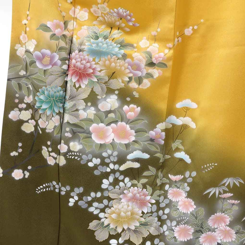 訪問着 身丈164 cm 裄67 前幅24 後幅30.5 袖丈49 袖幅34 レディース 袷 花柄 裄長 裄Lサイズ 秋冬春用 正絹 シルク イエロー トールサイズ リメイク リユース リサイクル 呉服のきくや