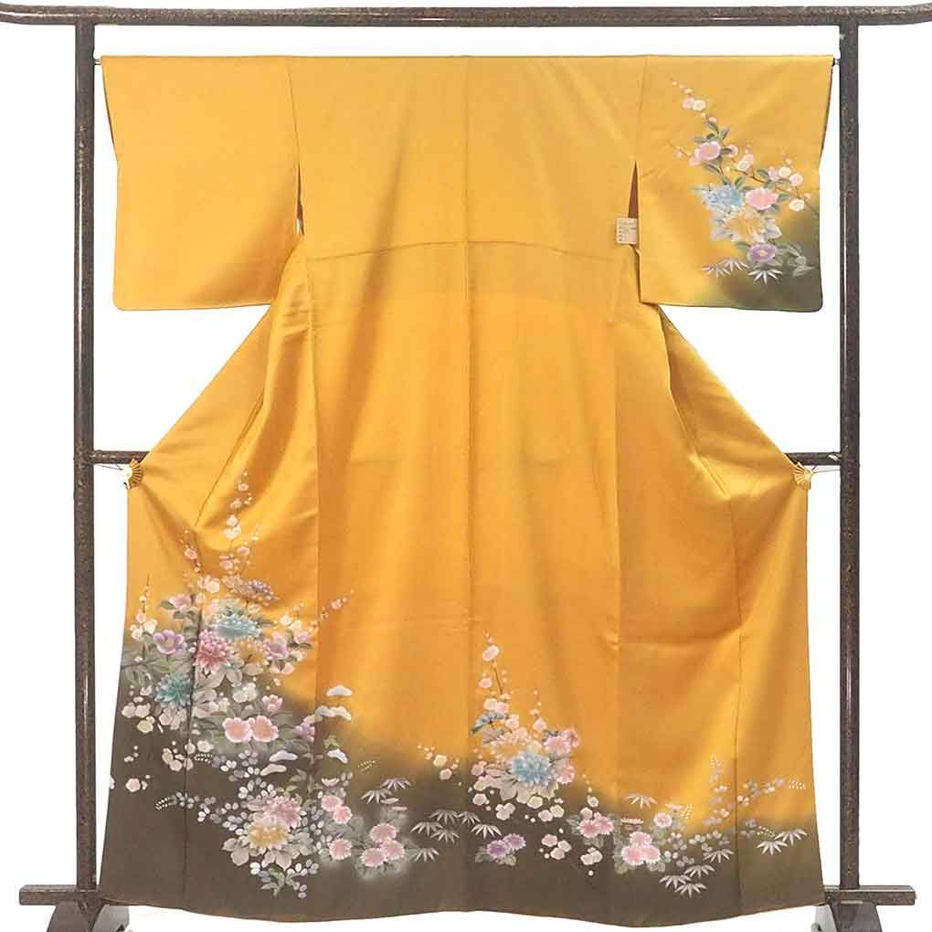 訪問着 身丈164 cm 裄67 前幅24 後幅30 5 袖丈49 袖幅34 レディース 袷 花柄 裄長 裄Lサイズ 秋冬春用 正絹 シルク イエロー トールサイズ リメイク リユース リサイクル 呉服のきくや