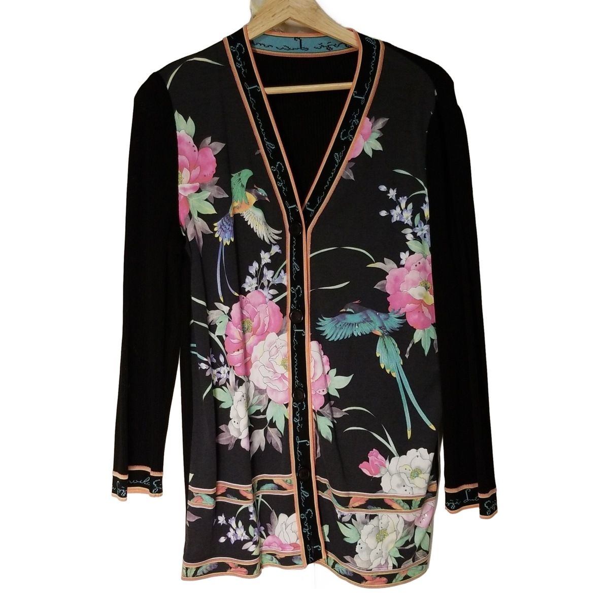 伊太利屋 イタリヤ カーディガン サイズ11 M レディース 黒 ピンク マルチ 長袖 花柄 ラインストーン ロング丈