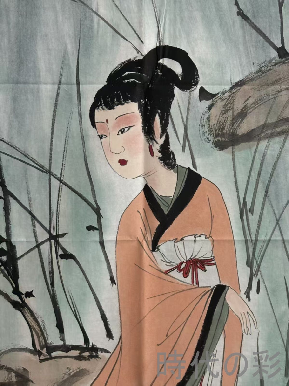 中国古美術.旧蔵.近代書画家『傅抱石侍女画』4尺手描き画芯.水墨画