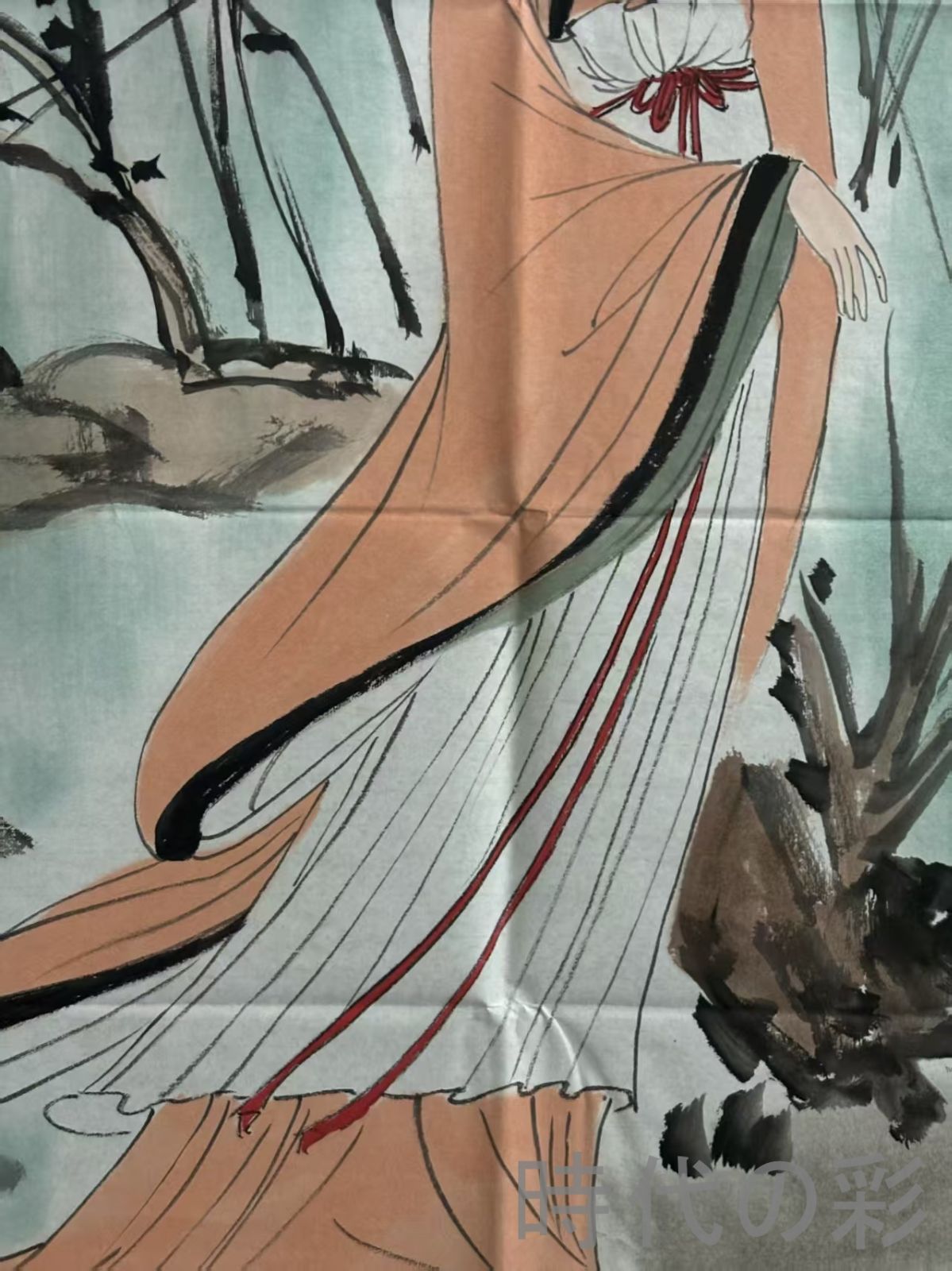 中国古美術.旧蔵.近代書画家『傅抱石侍女画』4尺手描き画芯.水墨画