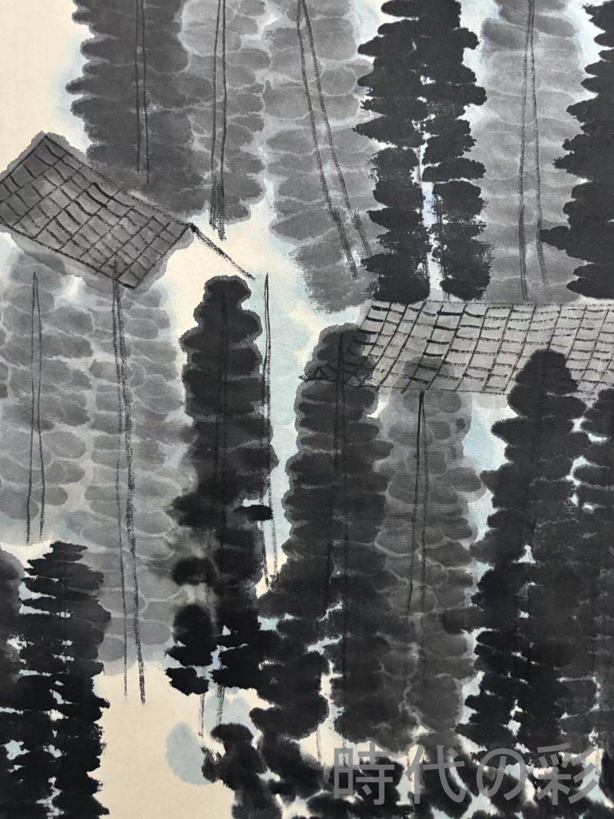 中国古美術.旧蔵.近代書画家『齊白石山水画』四尺手描き.宣紙畫.側跋文