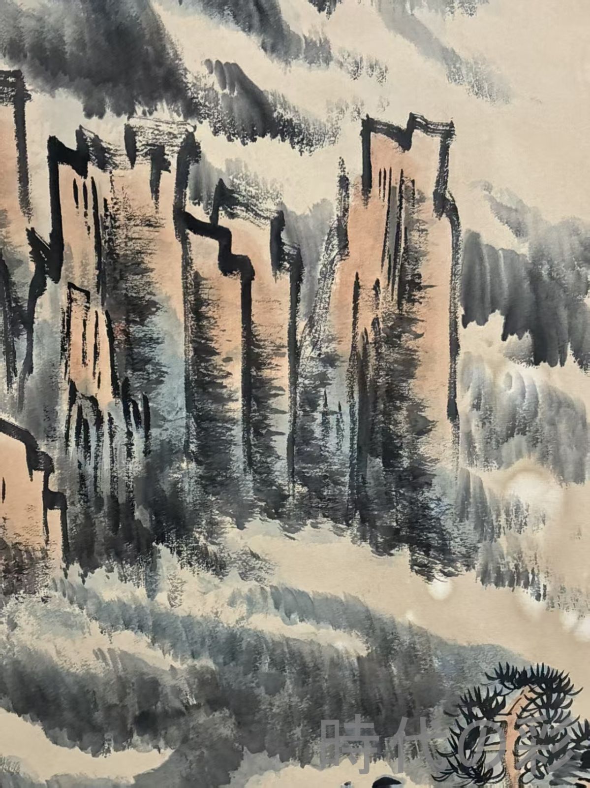 中国古美術.旧蔵.近代書画家『陸厳少山水画』四尺手描き.宣紙畫.水墨画